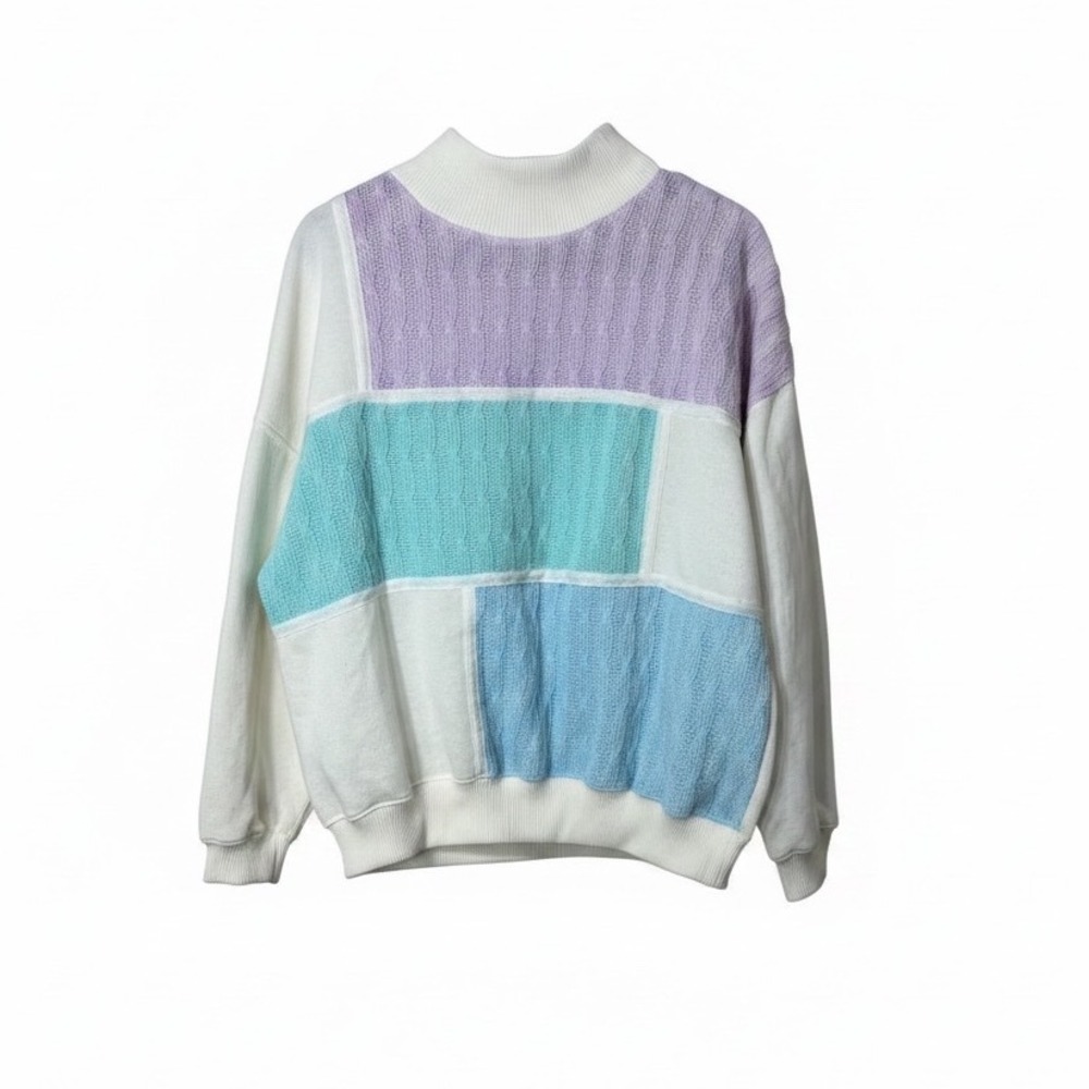 Vintage First Run Pastel Colorblock Cable Knit Mock Neck Sweatshirt Womens‎ L